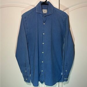 Scalpers Mens Button Down Long Sleeve Blue Denim‎ Chambray Dot Textured Shirt 40